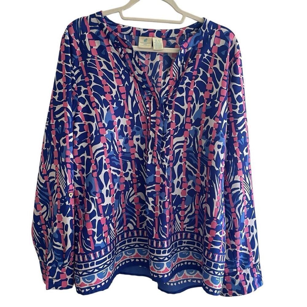 Caribbean Joe Pink Blue Tunic Top Women’s Size XL Roll Tab Long Sleeve Blouse
